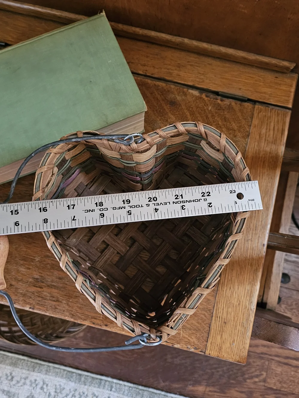Vintage Folk Art Woven Basket Blue Hearts Wood Handle Cottage Decor